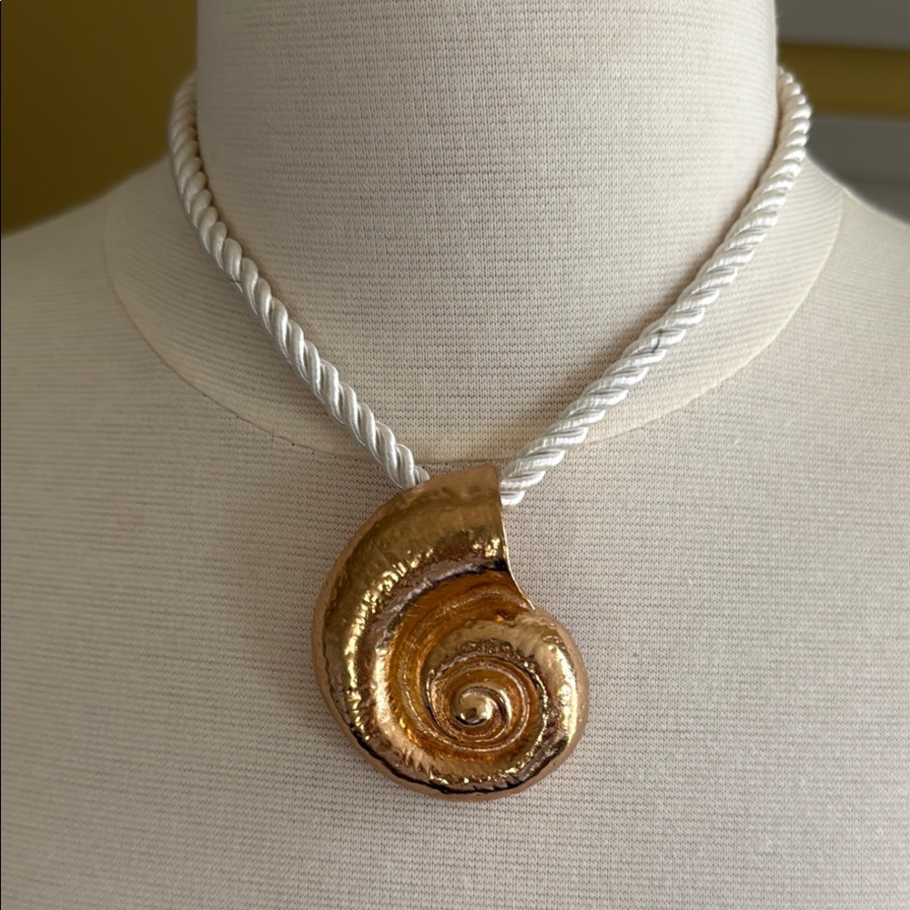 Gold Spiral Nautilus Pendant Necklace - White Rope